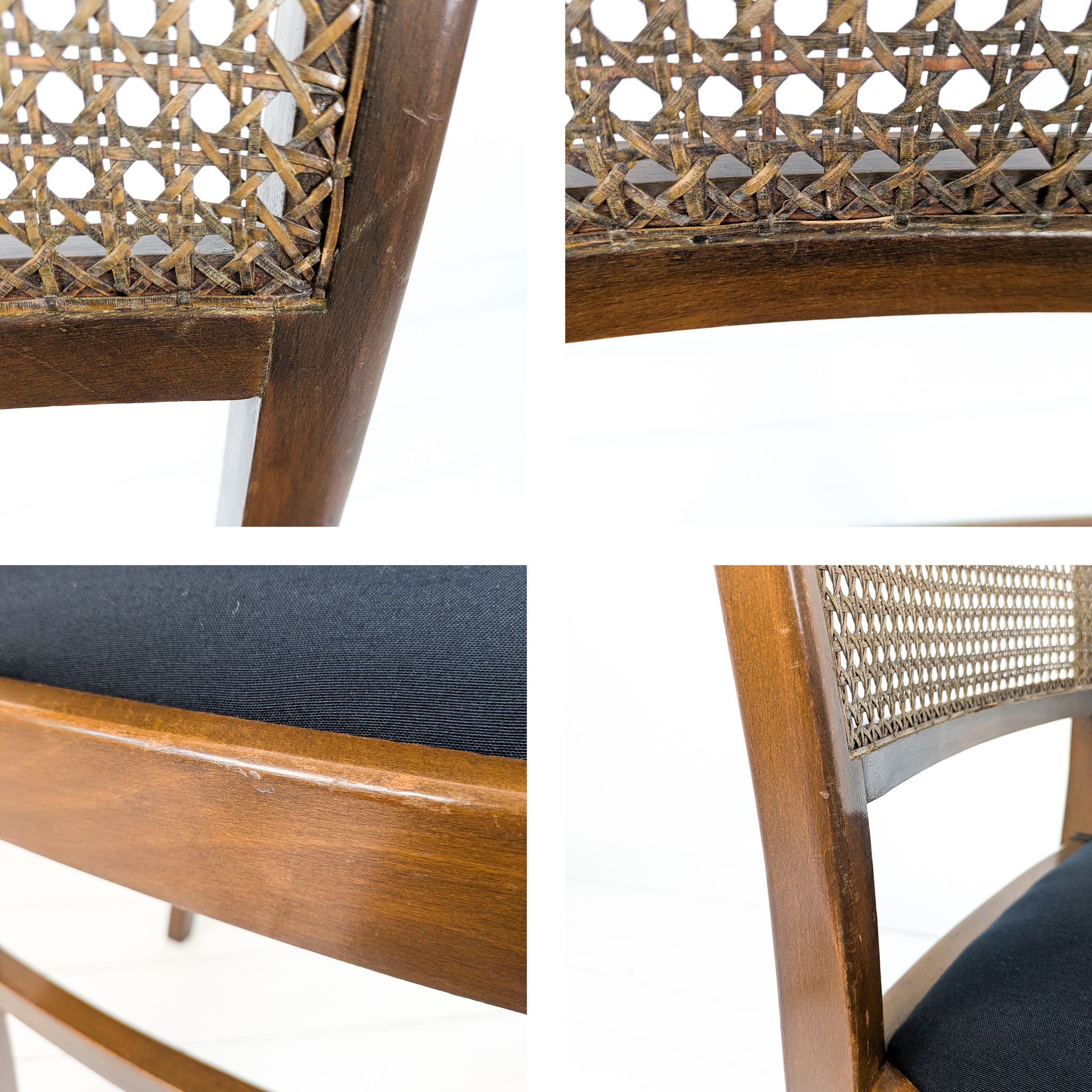 Lot de 4 chaises vintage en bois, cannage viennois et assise noire
