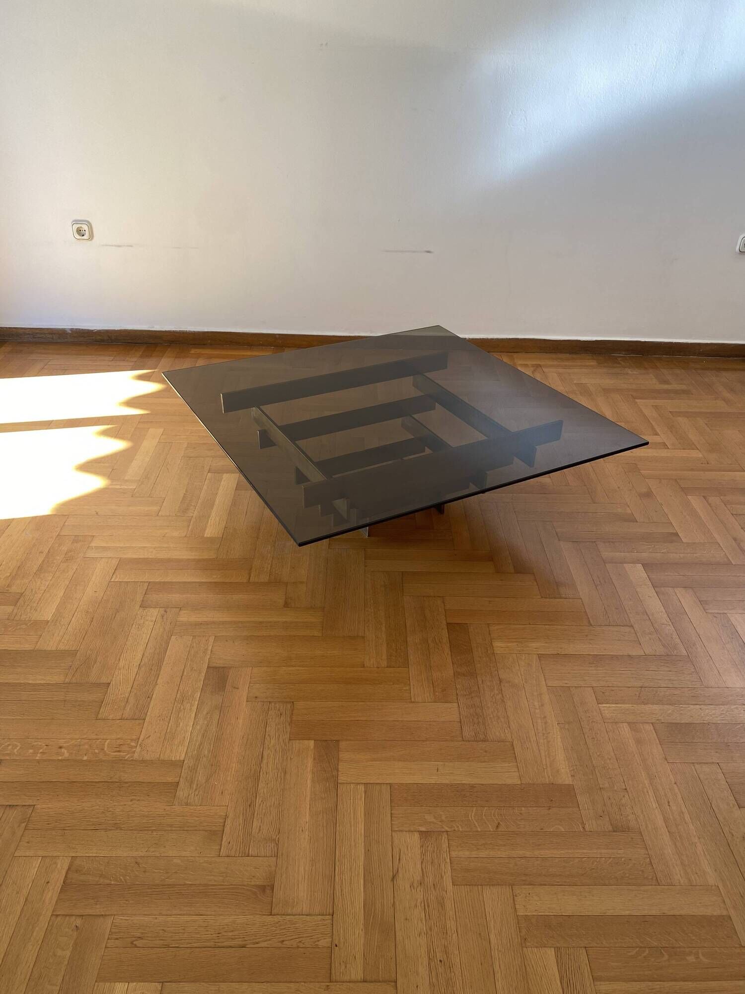 Vintage 1970s Square Coffee Table in Brass and Smoked Glass, David Hicks