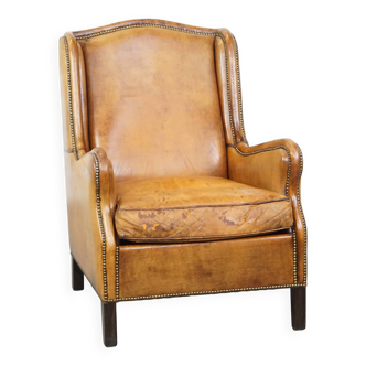 Cognac-Colored Vintage Sheepskin Leather Armchair with a High Back