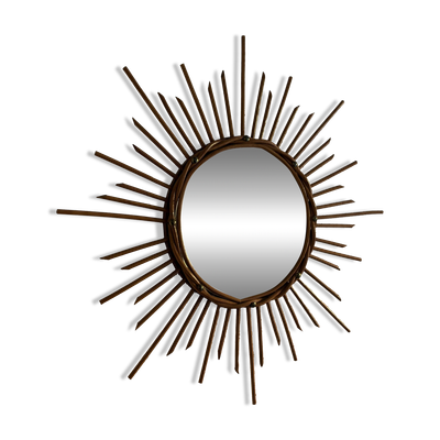 Miroir vintage 1960 soleil rotin osier - 55 cm