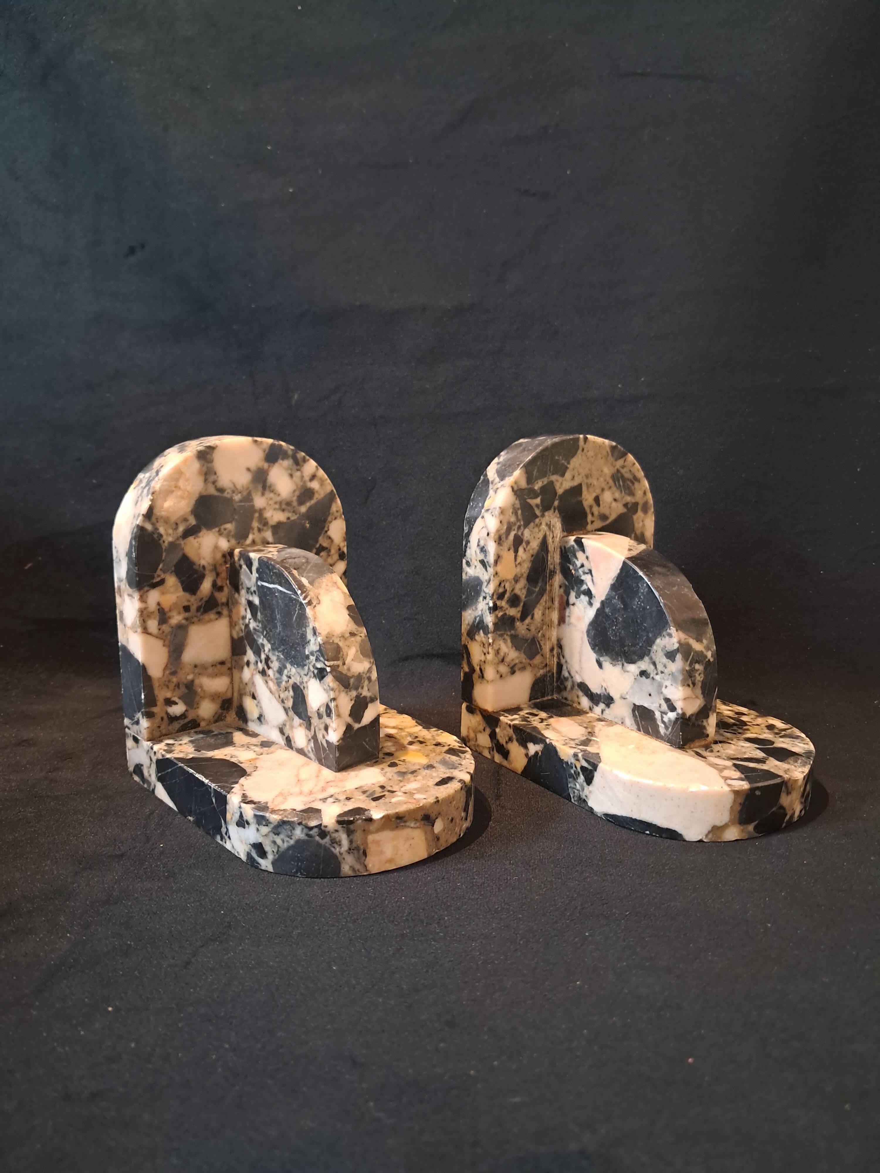 Pair of Art Deco Bookends in Black and White Breccia Marble