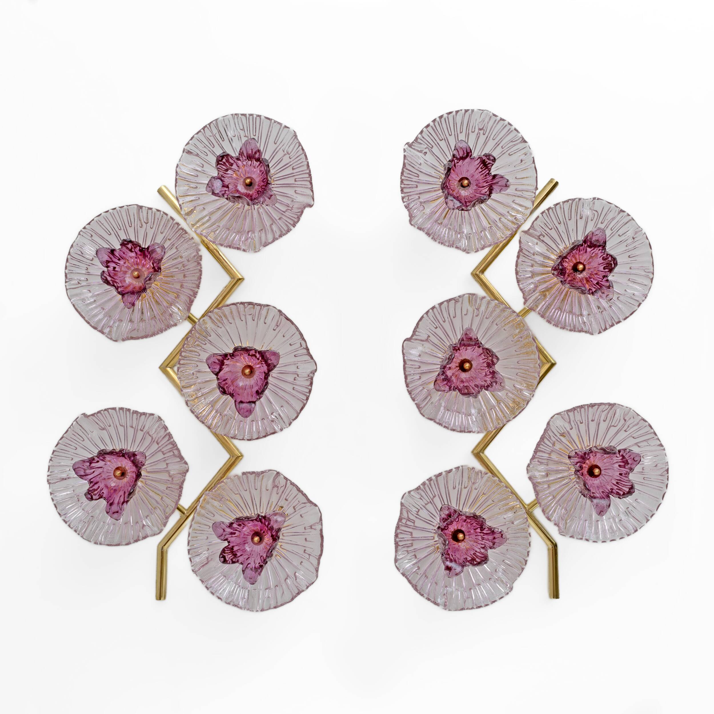 Pair of Modern Italian Murano Glass and Brass Flowers Wall Lamps