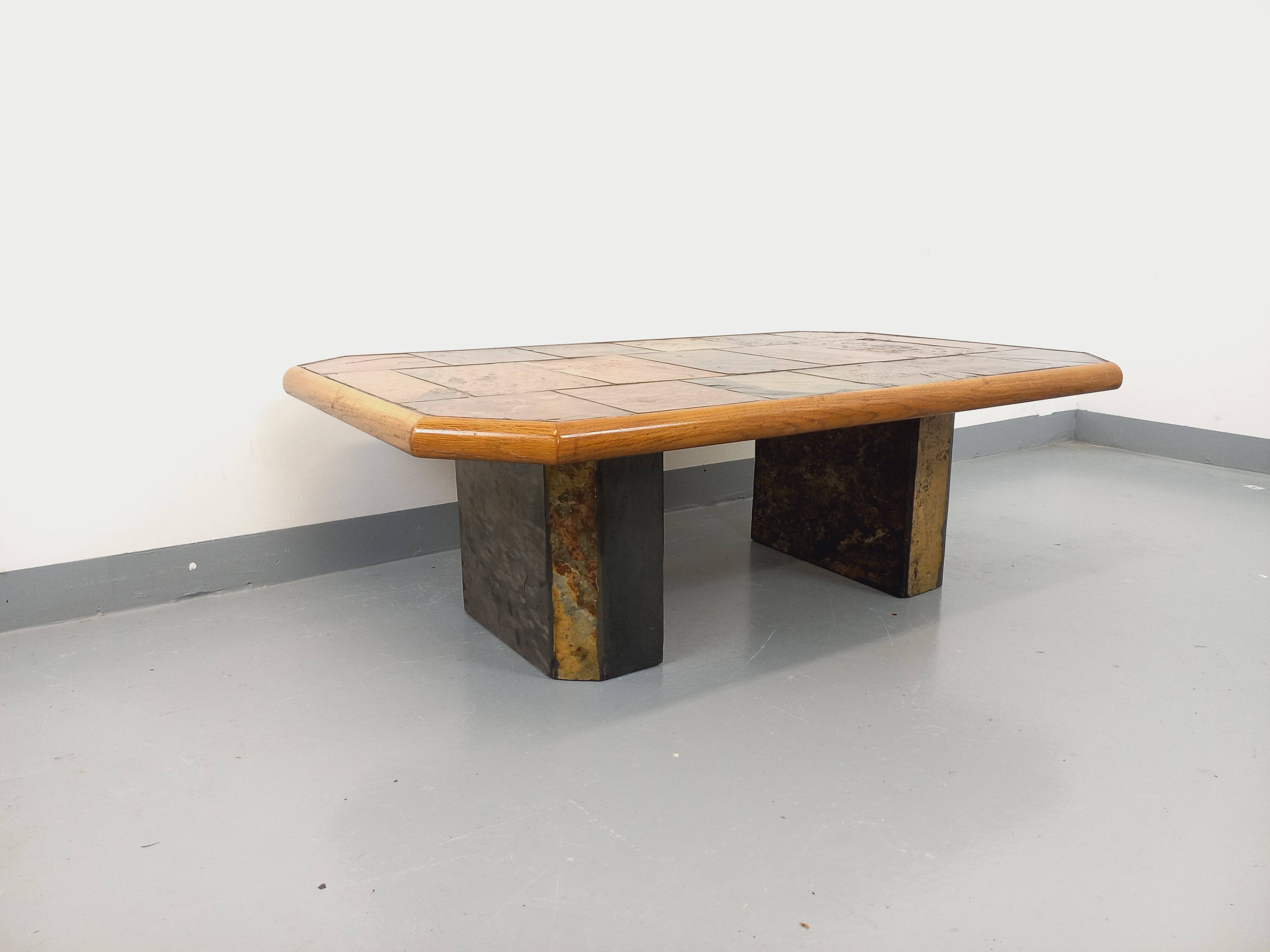 Vintage Brutalist Stone and Oak Coffee Table from the 70s 80s