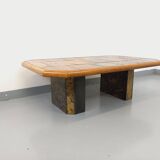 Vintage Brutalist Stone and Oak Coffee Table from the 70s 80s