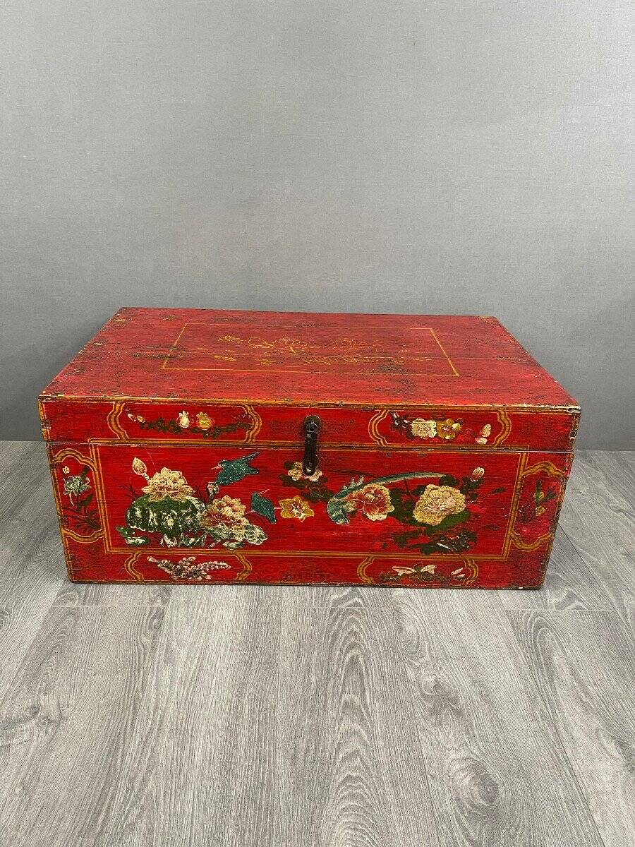 Antique Hand Painted Chest, Floral Decor on Red Background, 19th Century