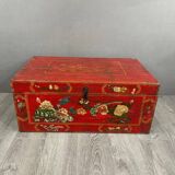 Antique Hand Painted Chest, Floral Decor on Red Background, 19th Century