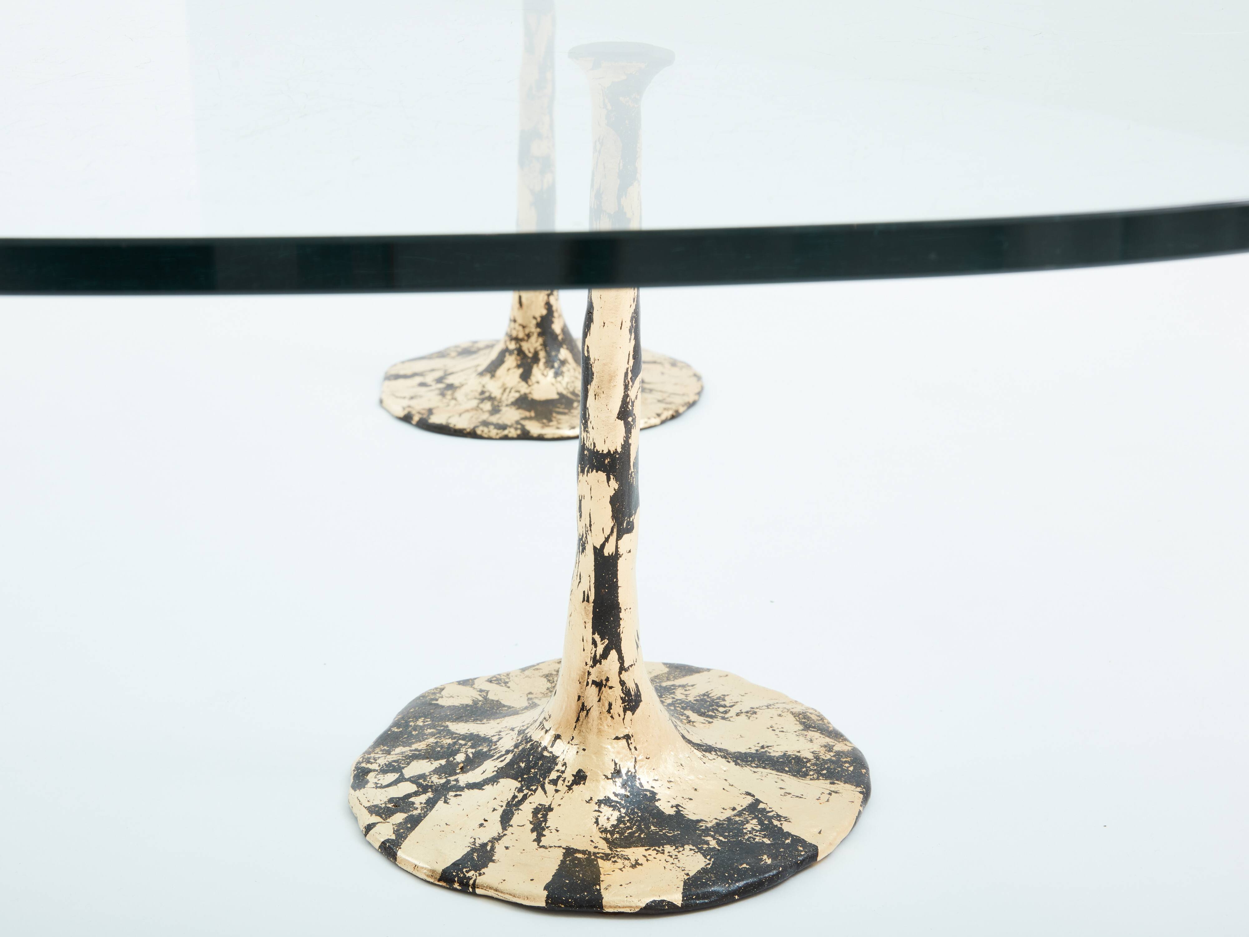 Table basse brutaliste fer forgé doré feuille d’or 1970