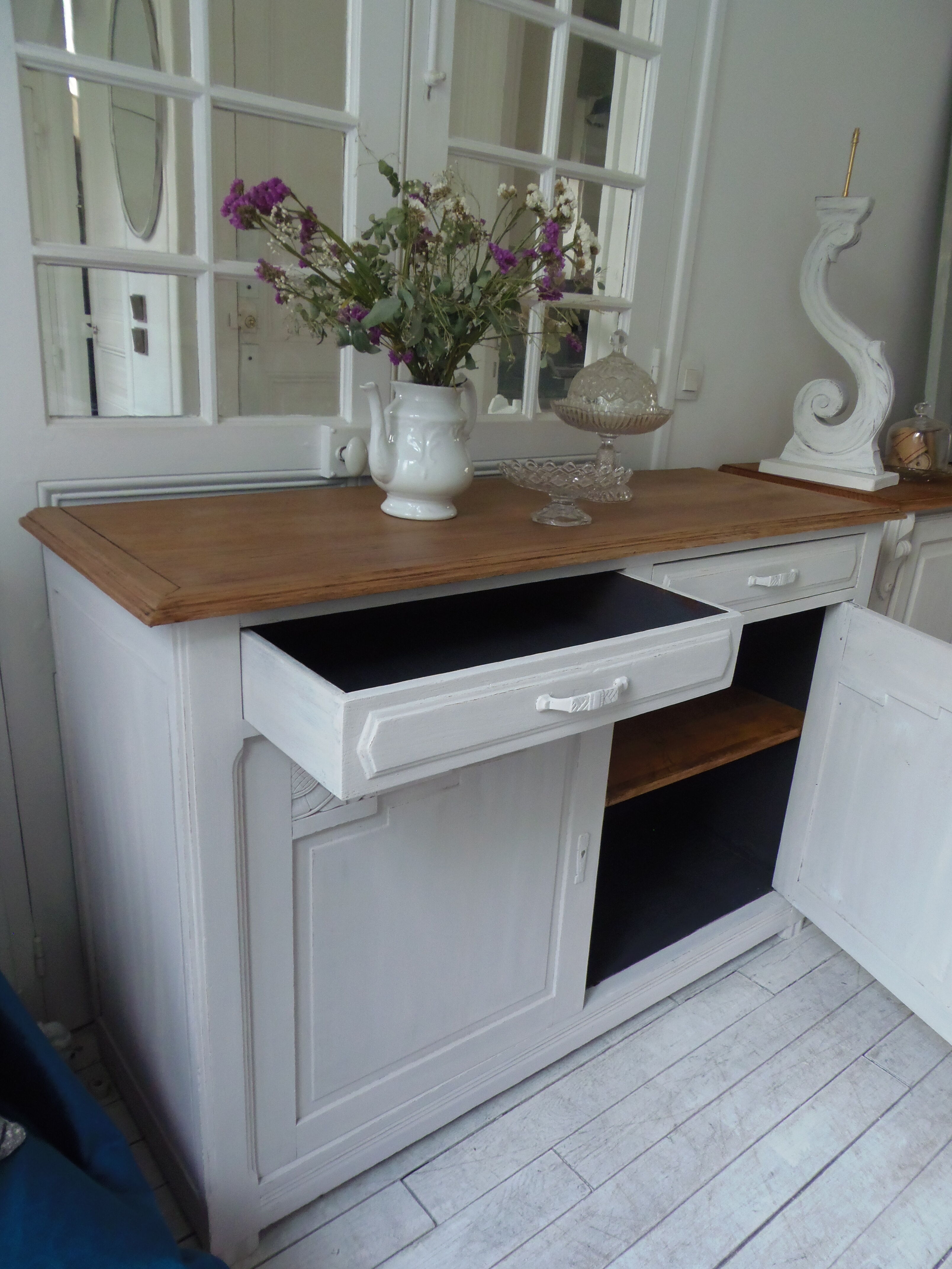 Art Deco sideboard patinated pearl gray, oak top.