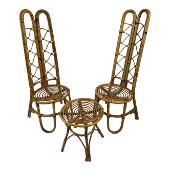 Pair of high-backed chairs and its bamboo coffee table