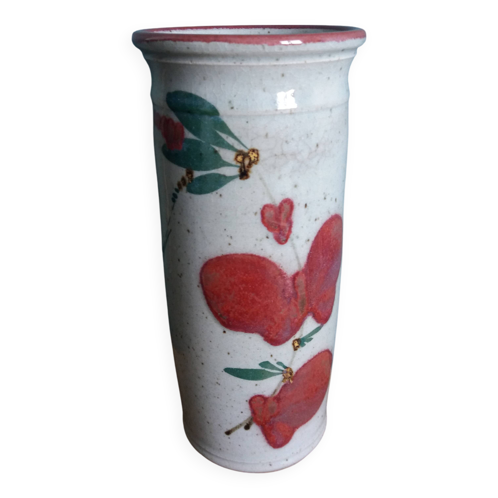 Signed scroll vase with poppy dragonfly decor