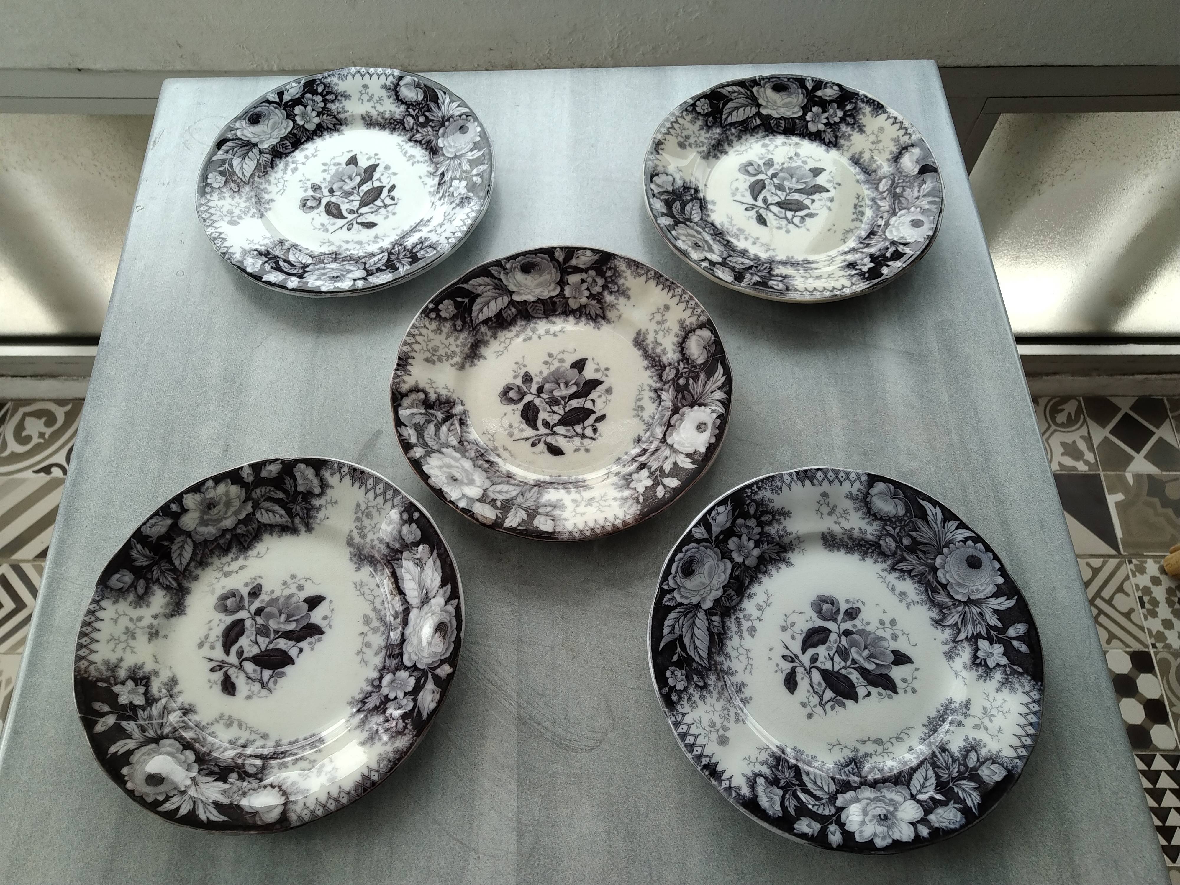 five plates old blue earthenware