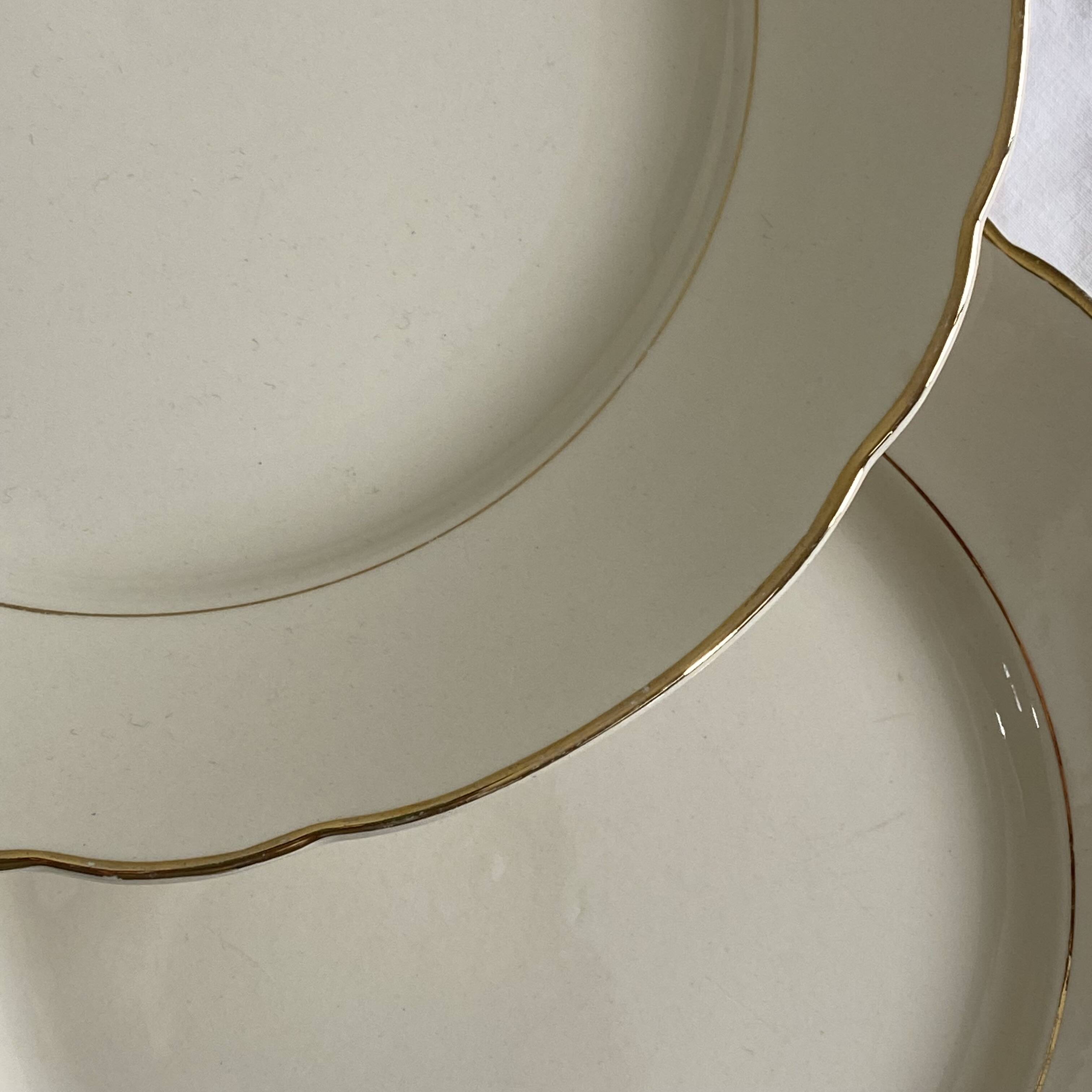 6 antique beige earthenware dinner plates with gold trim by Villeroy and Boch.