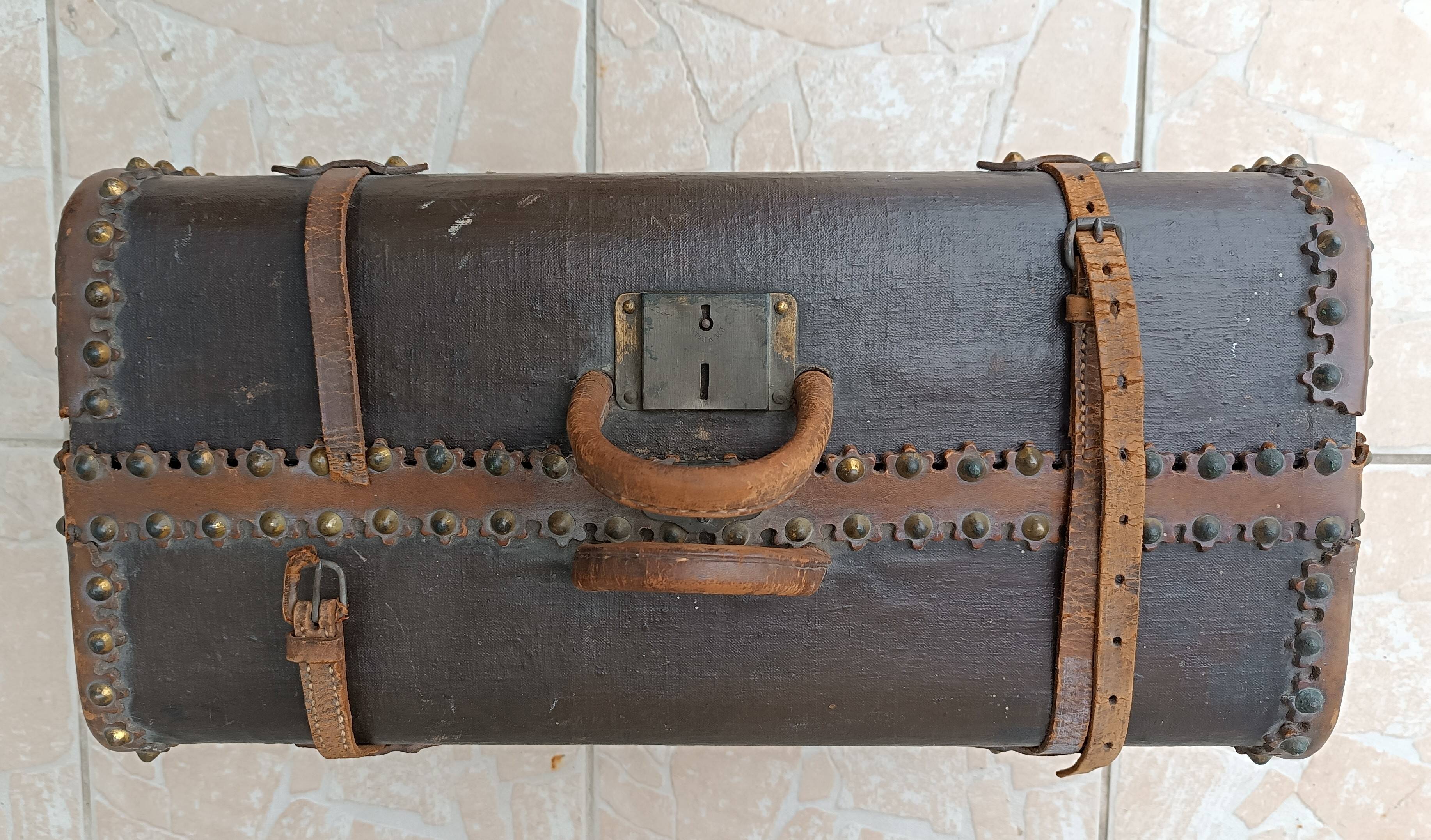 Antique wooden and leather travel trunk