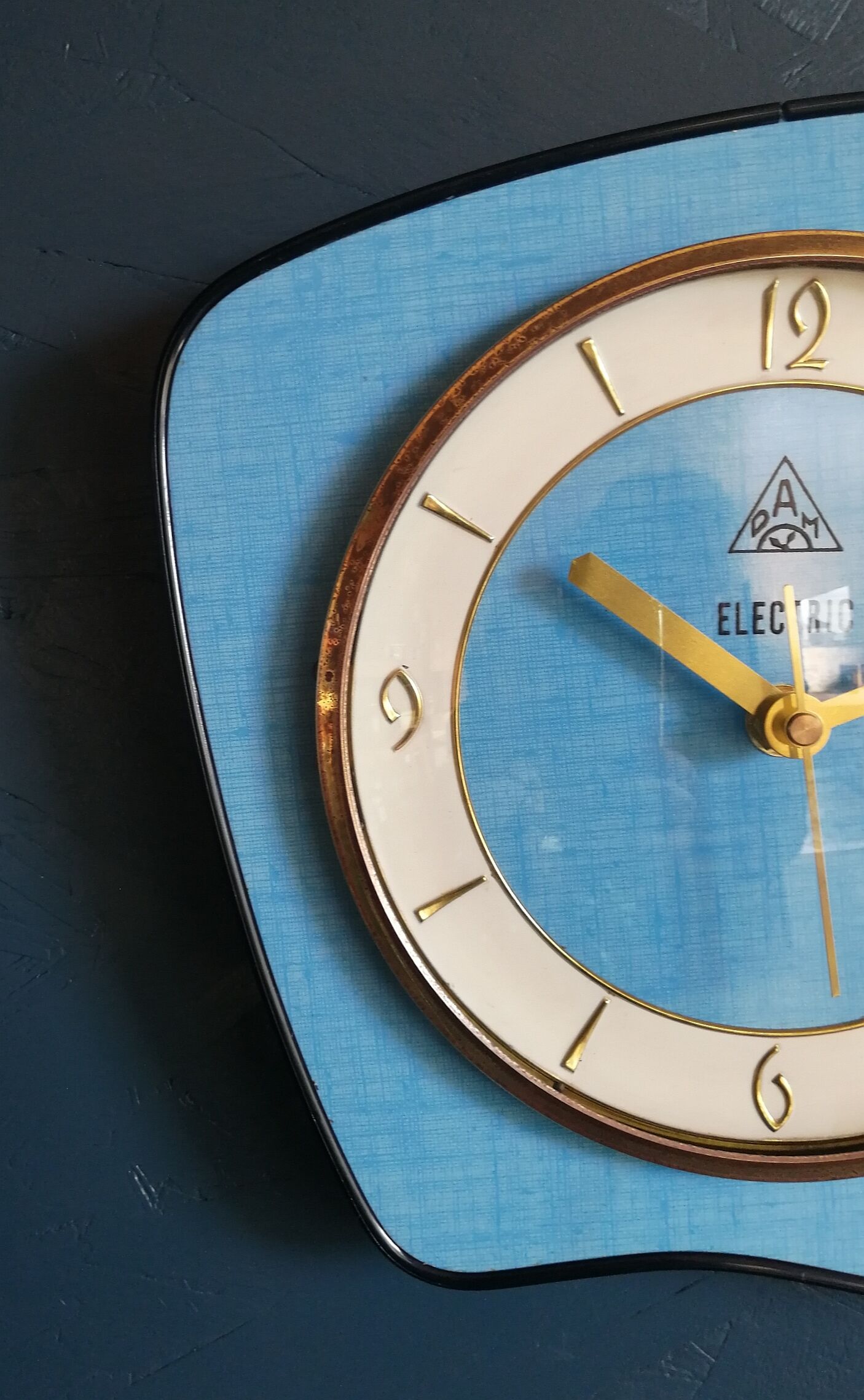 Vintage formica clock silent wall clock "DAM Electric Blue"