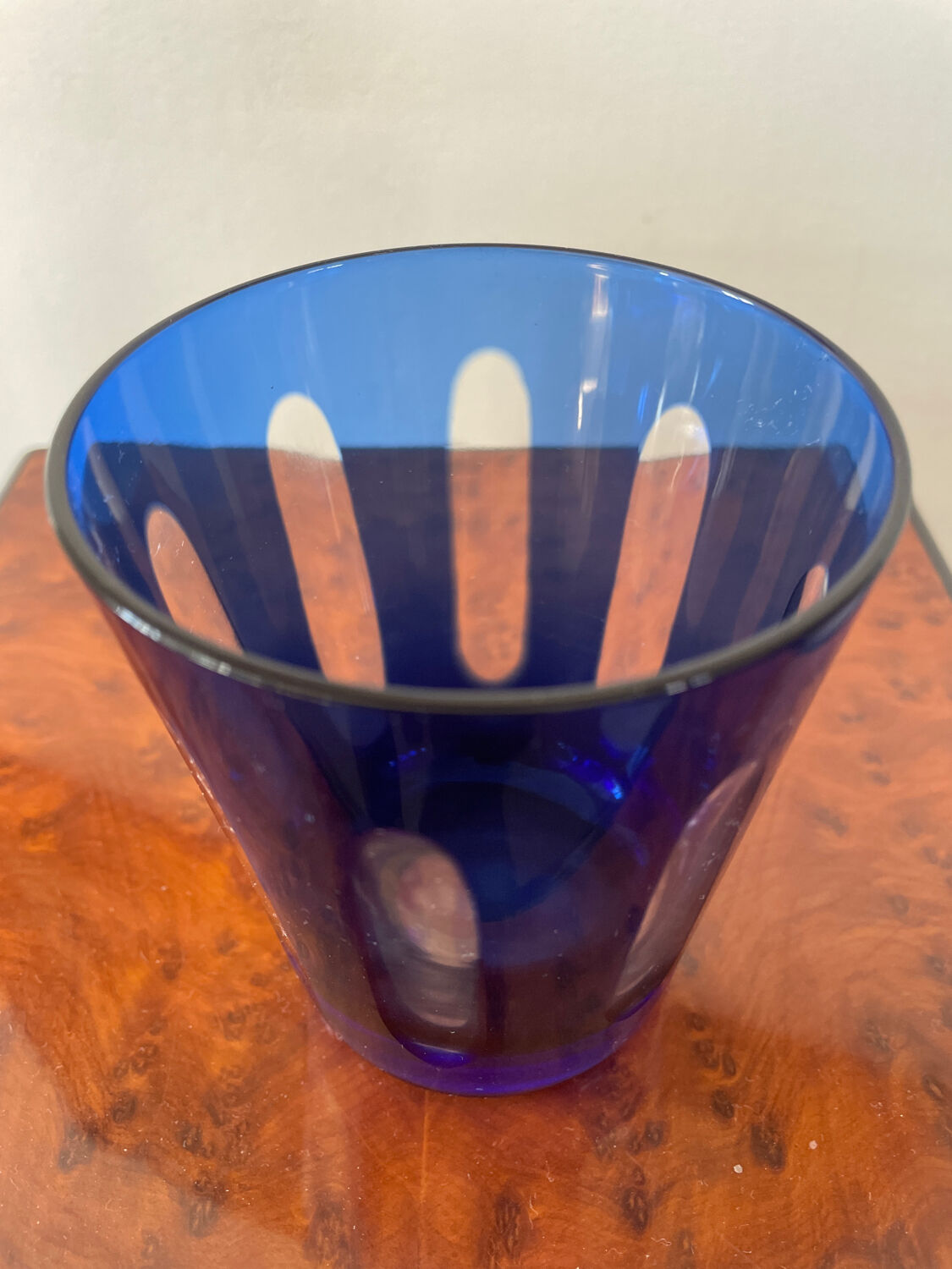 Antique crystal glass lined blue.