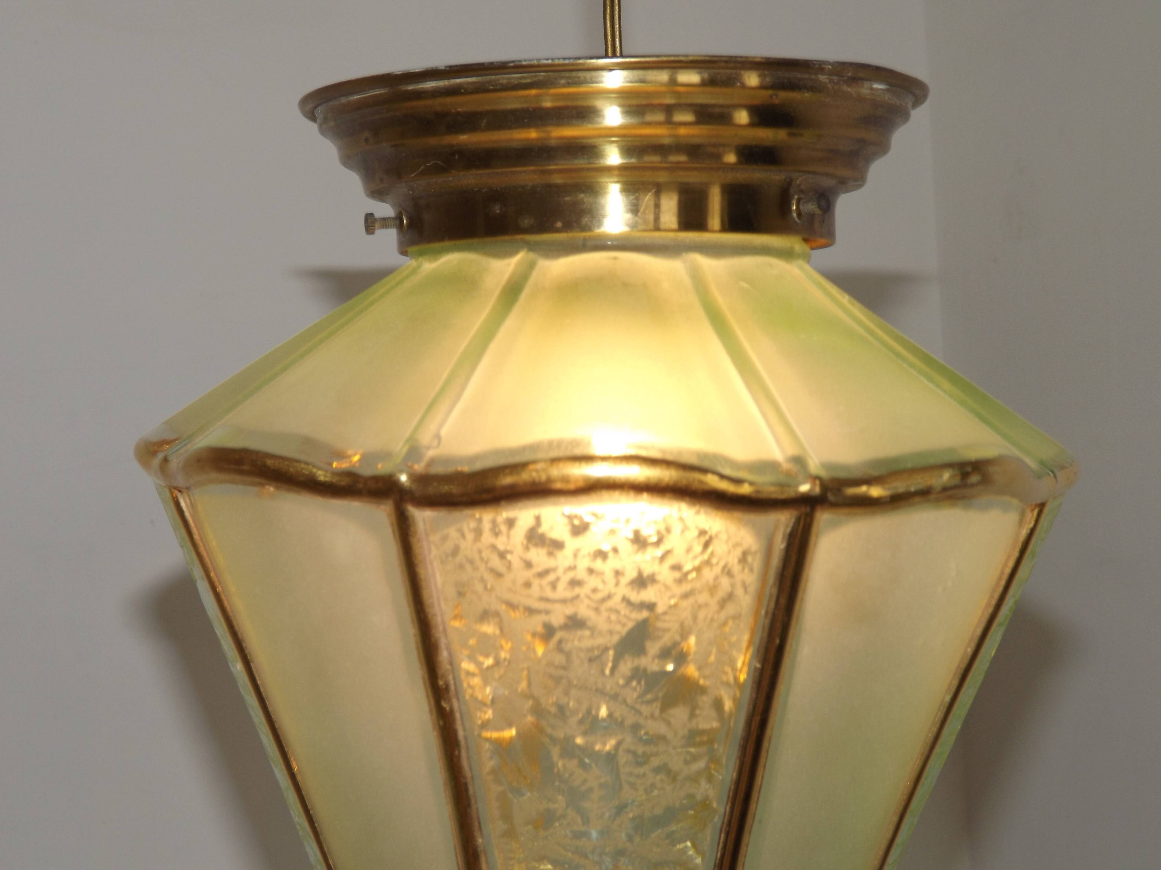 French Vintage Art Deco Glass Ceiling Light Green Frosted & Patterned Glass