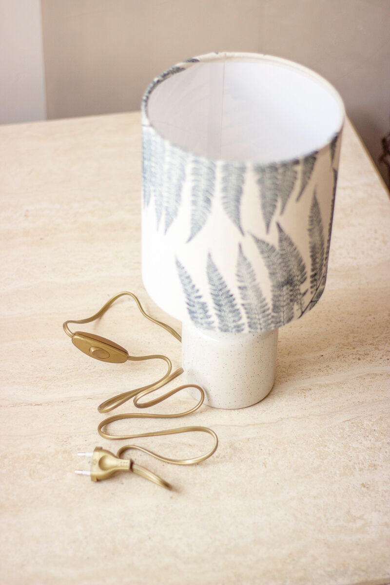 Speckled white enamelled mustard pot lamp - fern pattern
