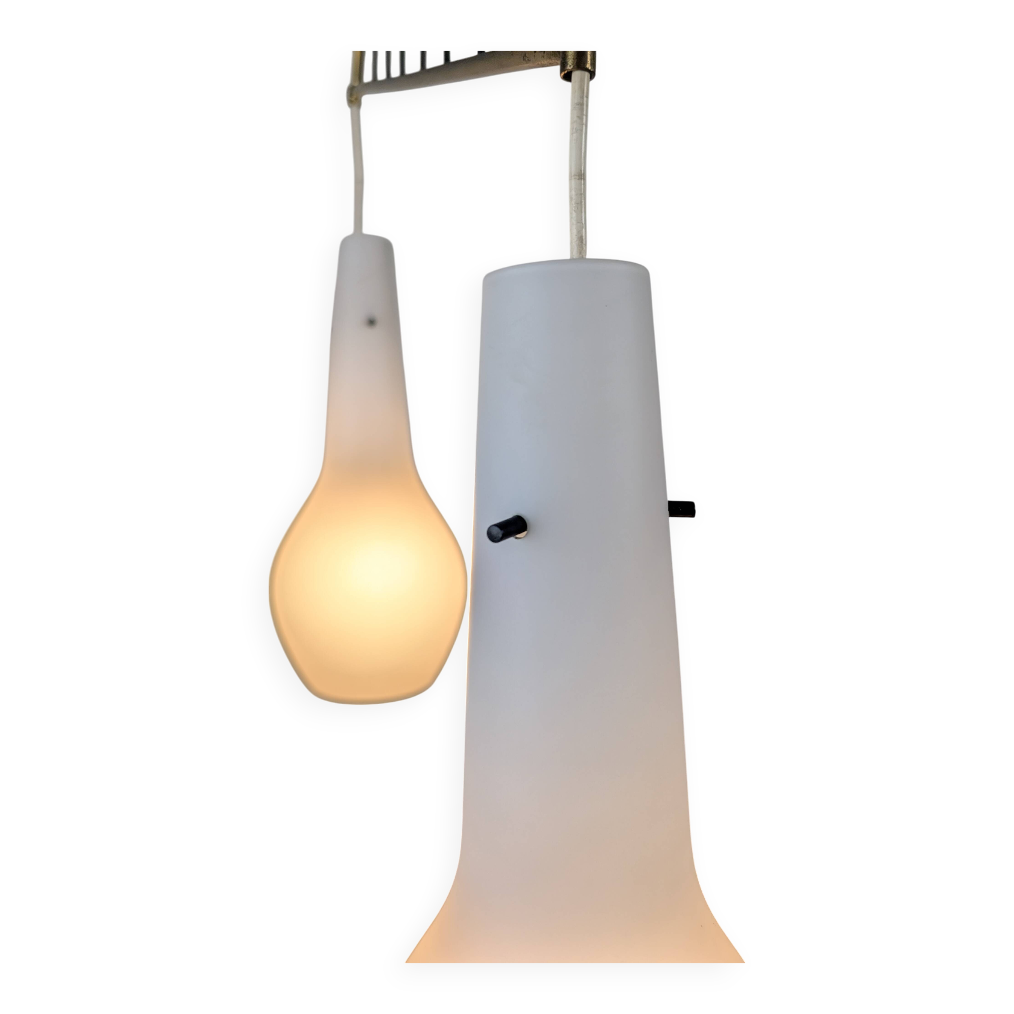 Italian Pendant Lamp with Opaline Shades & Brass, Stilnovo Style, 1950s