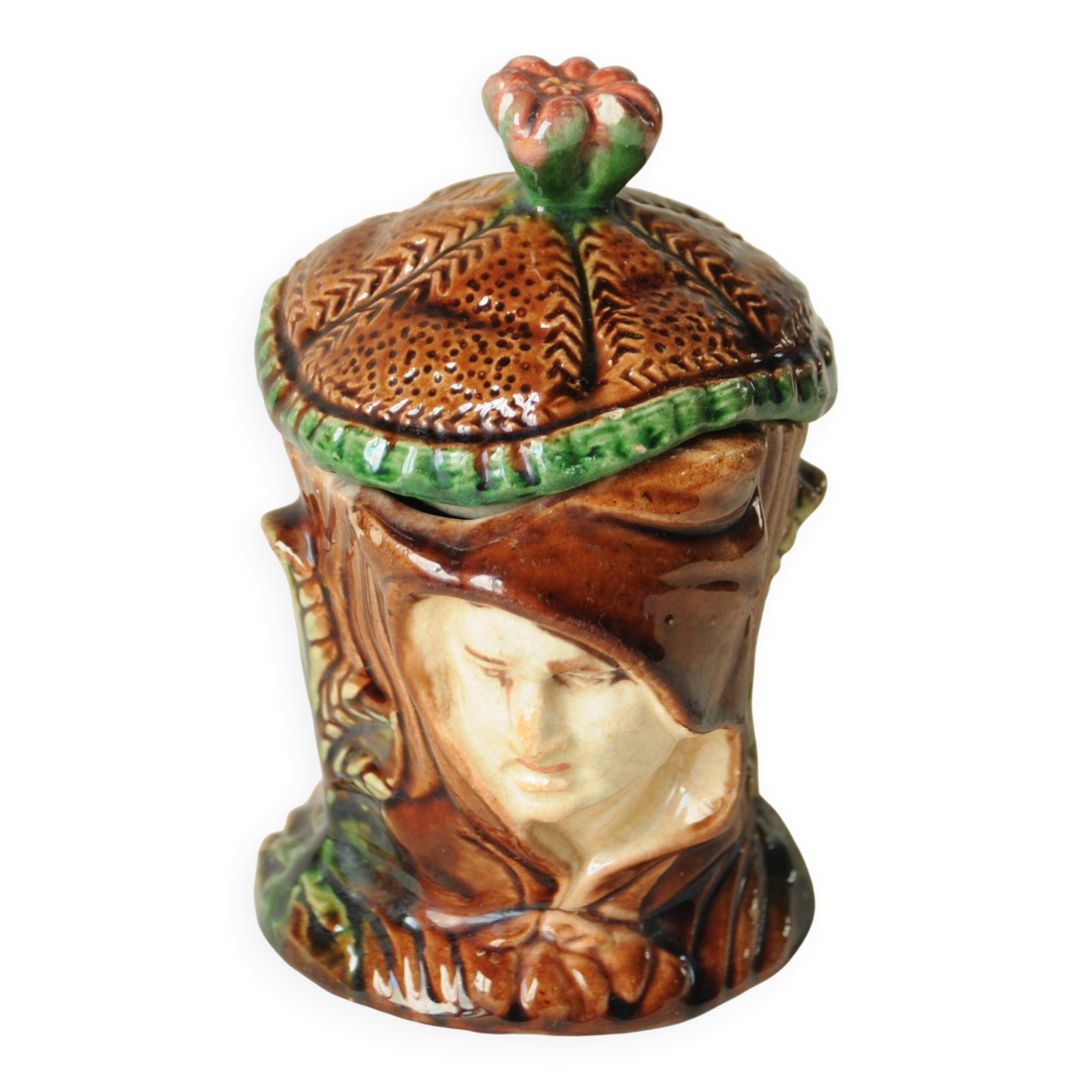 Old Tobacco Pot Janiform Head - Majolica Barbotine 19th Century - Medieval Style