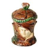 Pot Tabac Ancien Tête Janiforme  - Barbotine Majolica 19e - Style Médiéval