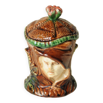 Old Tobacco Pot Janiform Head - Majolica Barbotine 19th Century - Medieval Style