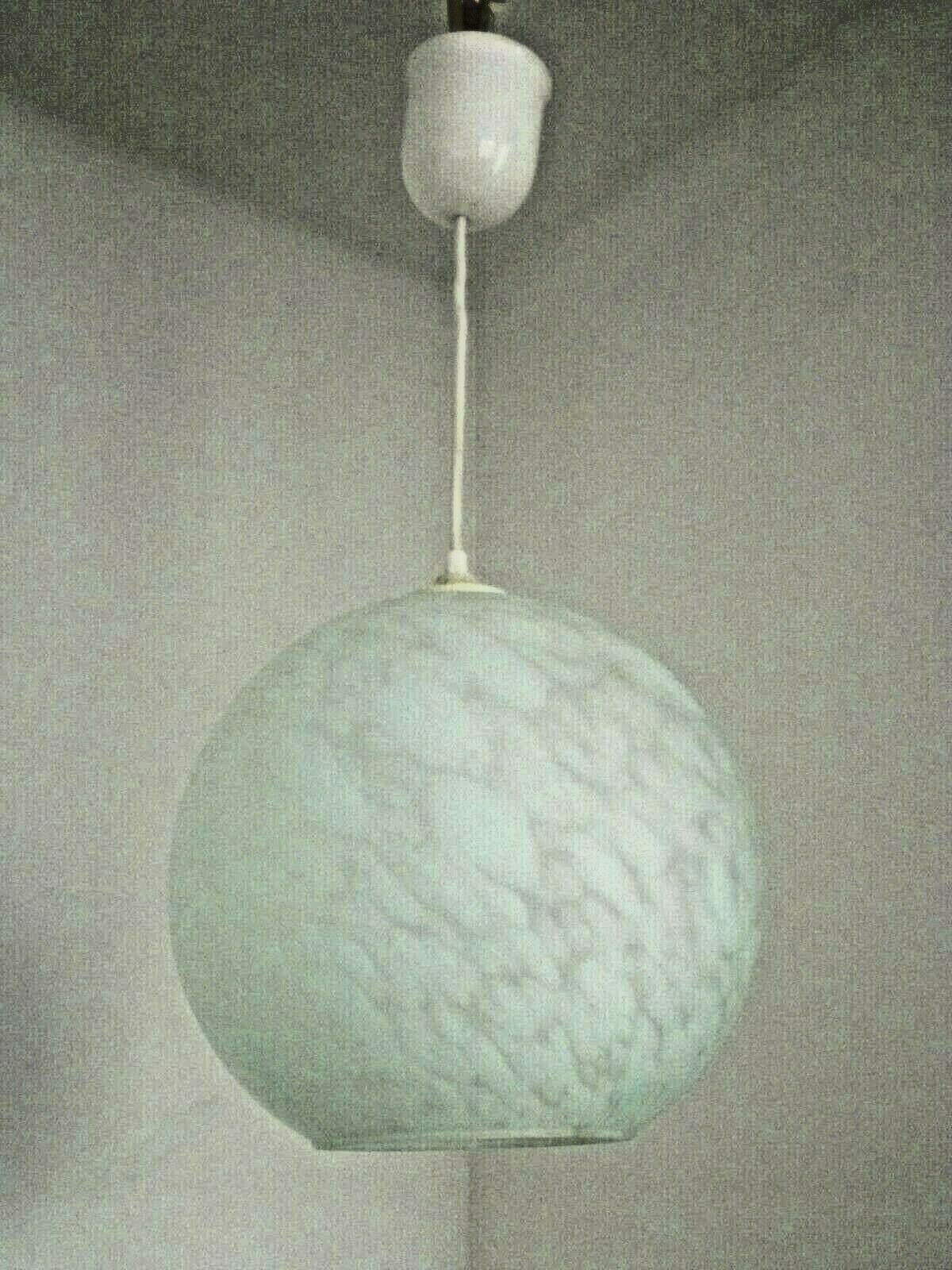 French suspended ceiling light in the shape of a white ball, Clichy 3336 glass shade.