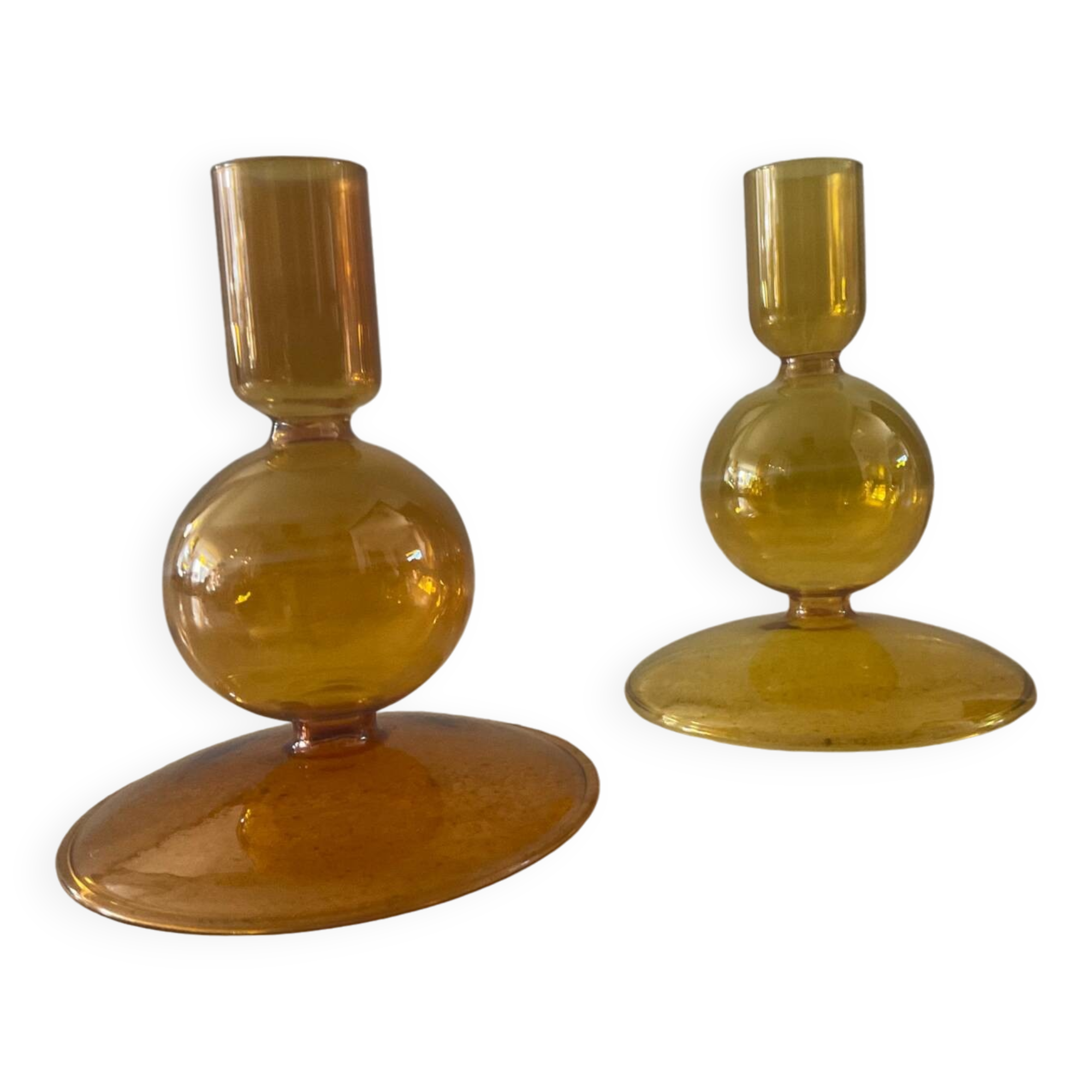 Pair of vintage amber glass candlesticks