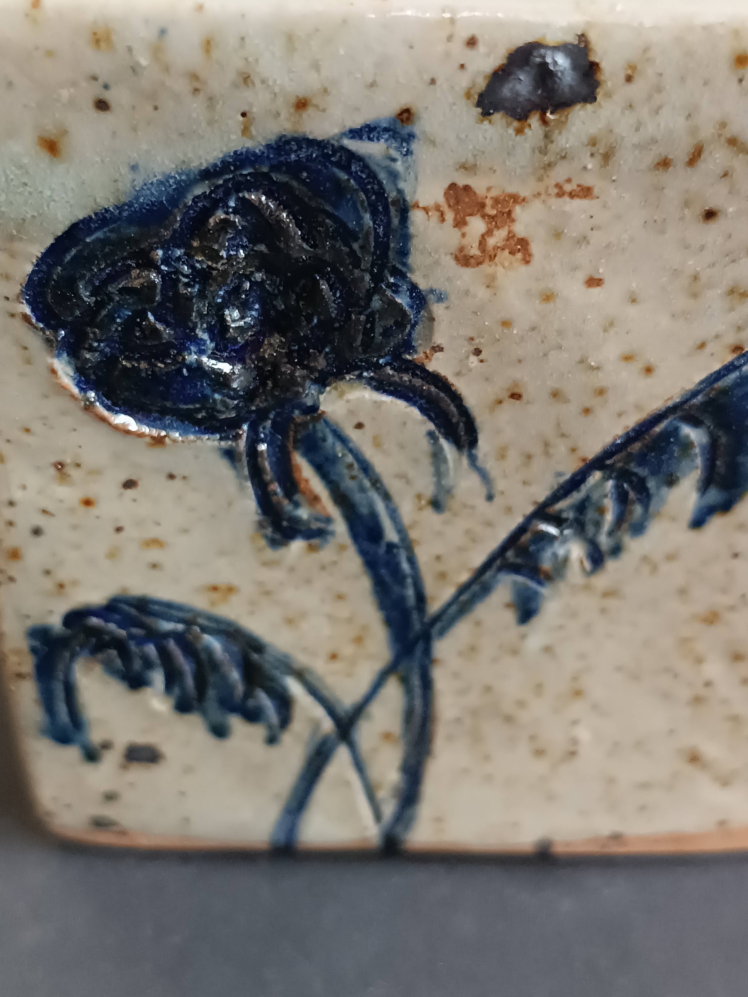 Pyrite stone vase with blue thistle decoration by Suzanne Dauliach, vintage.