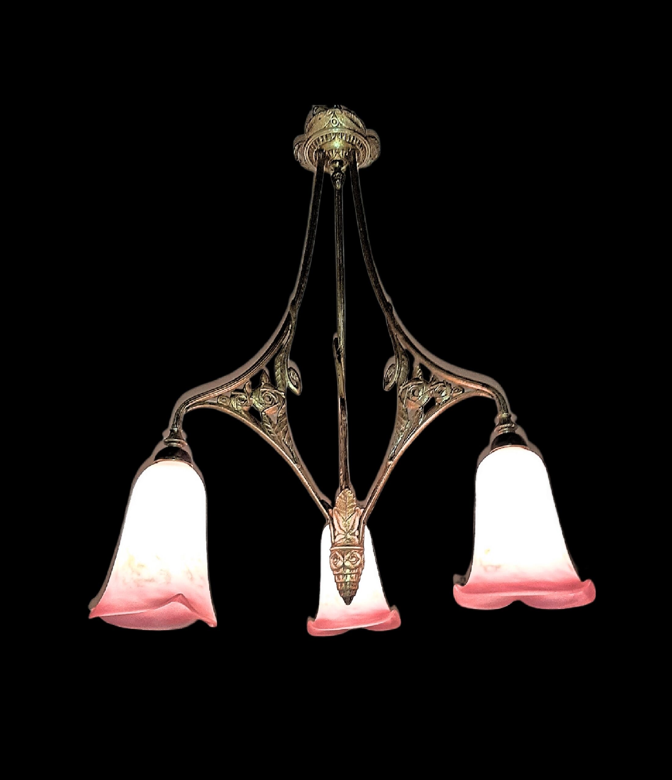 P. crespy art deco chandelier blend of bronze, pink, yellow