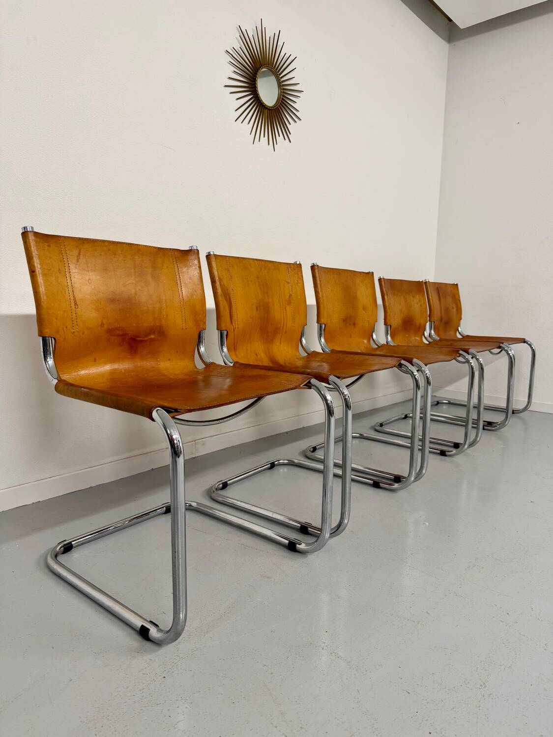 Lot of 5 tubular chairs Mart Stam edition Fasem vintage patinated leather