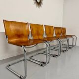 Lot of 5 tubular chairs Mart Stam edition Fasem vintage patinated leather