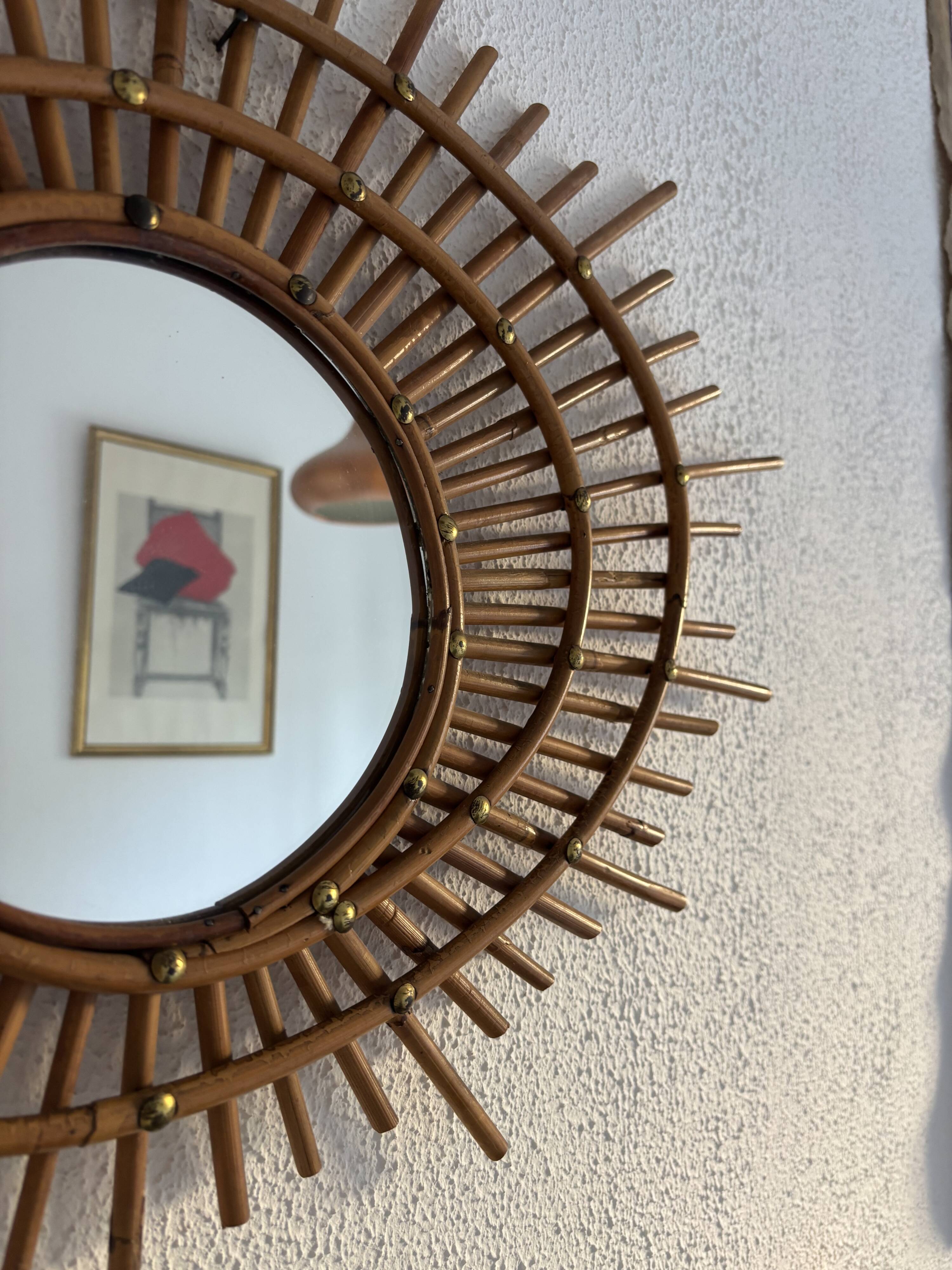 Vintage 1960s sun mirror, rattan, ORTF style, spiral eye - 66 x 50 cm