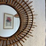 Vintage 1960s sun mirror, rattan, ORTF style, spiral eye - 66 x 50 cm