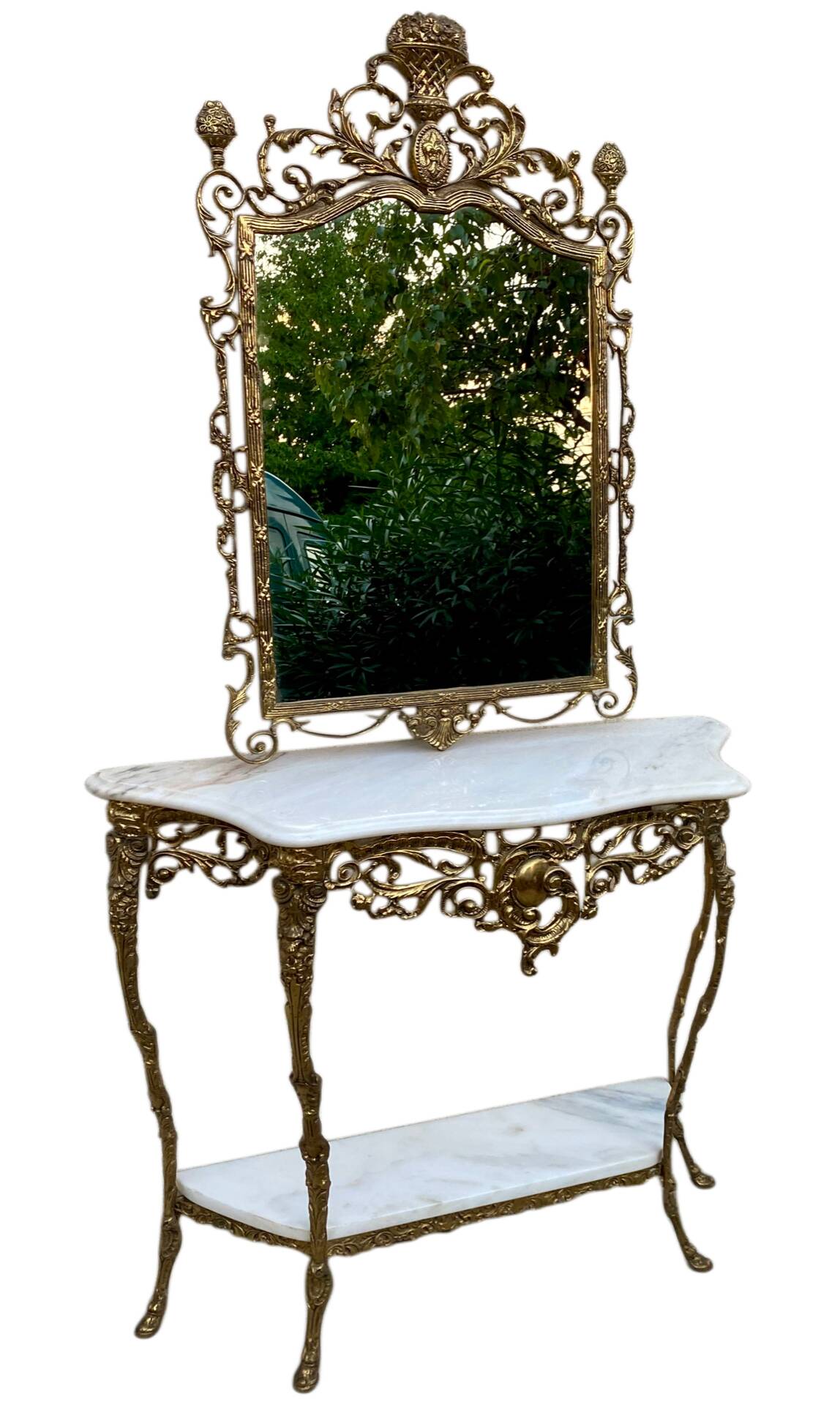 Console and mirror set in brass, Louis XV Rococo style.