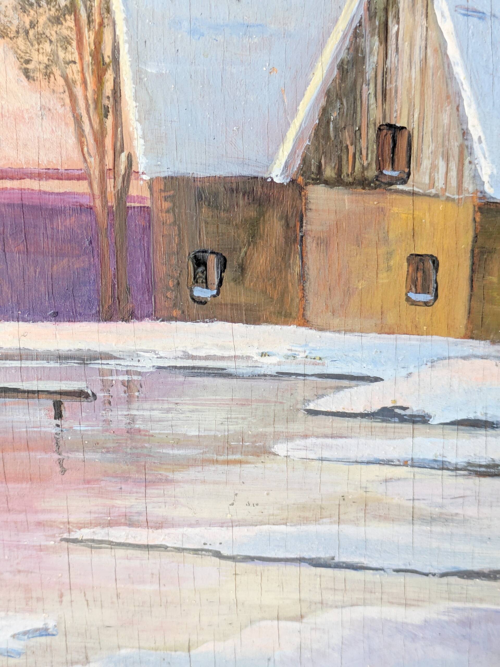 Vintage oil painting, rural winter landscape, 1960s