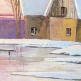 Vintage oil painting, rural winter landscape, 1960s