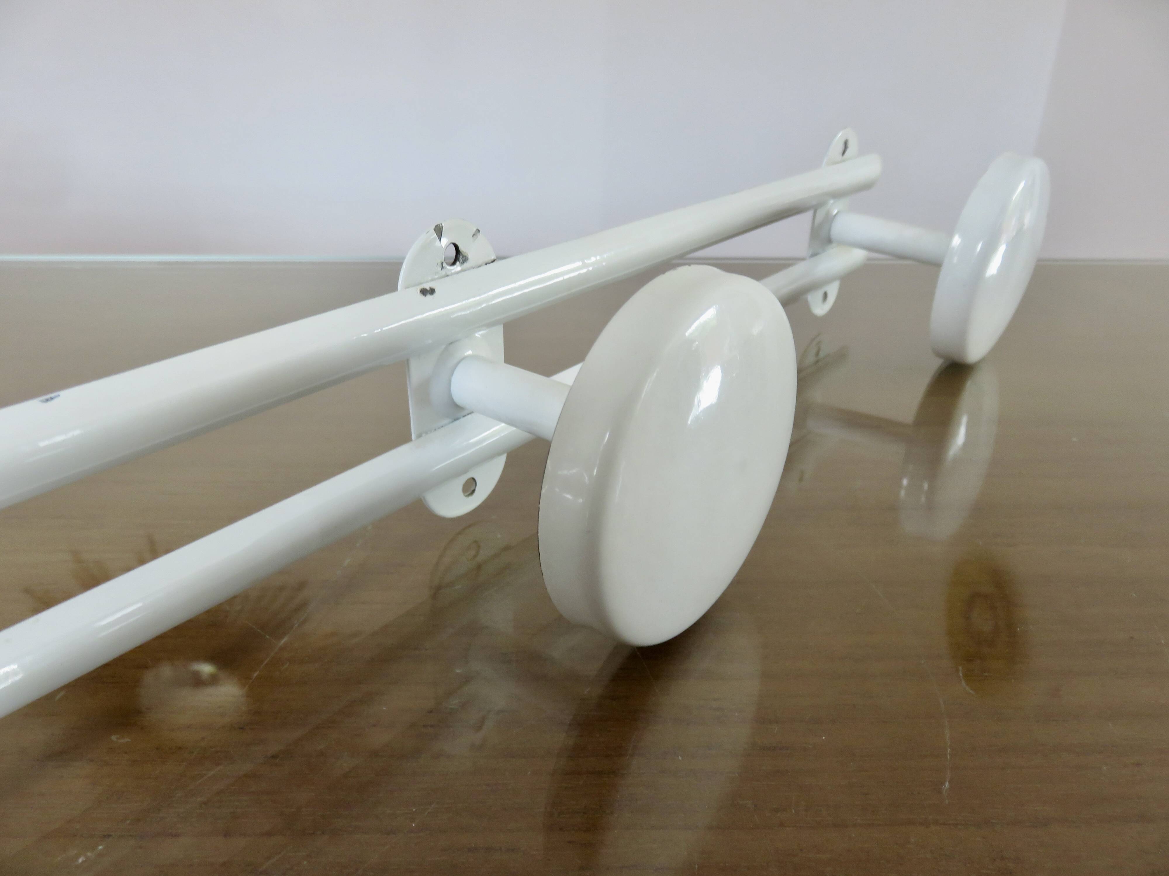 White lacquered metal wall coat rack, 3 hooks, 70s-80s