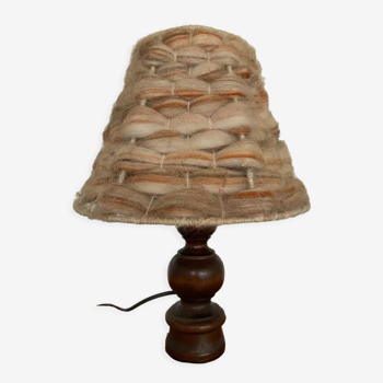 Turned wooden table lamp and vintage wool lampshade