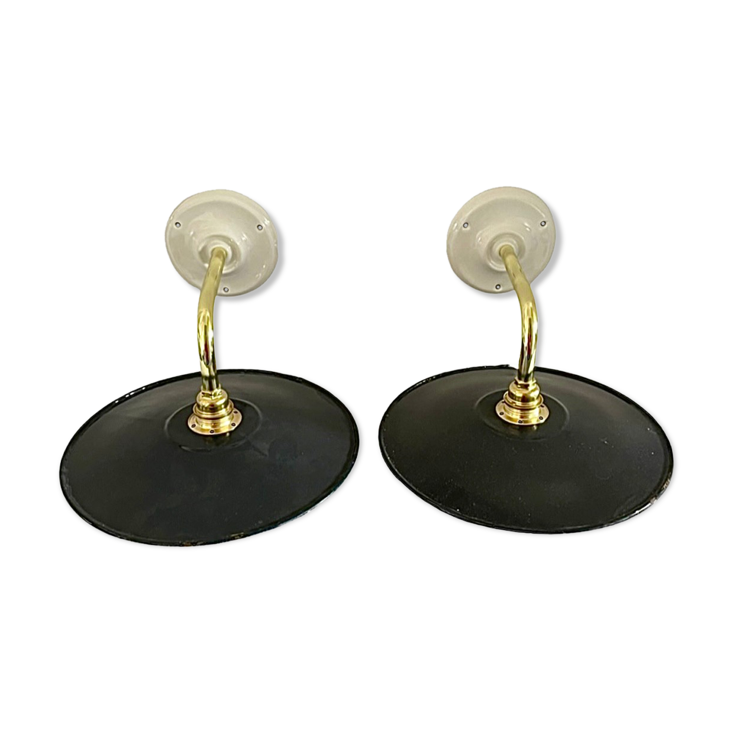 Pair of black enamelled sheet metal wall lamps electrified to nine
