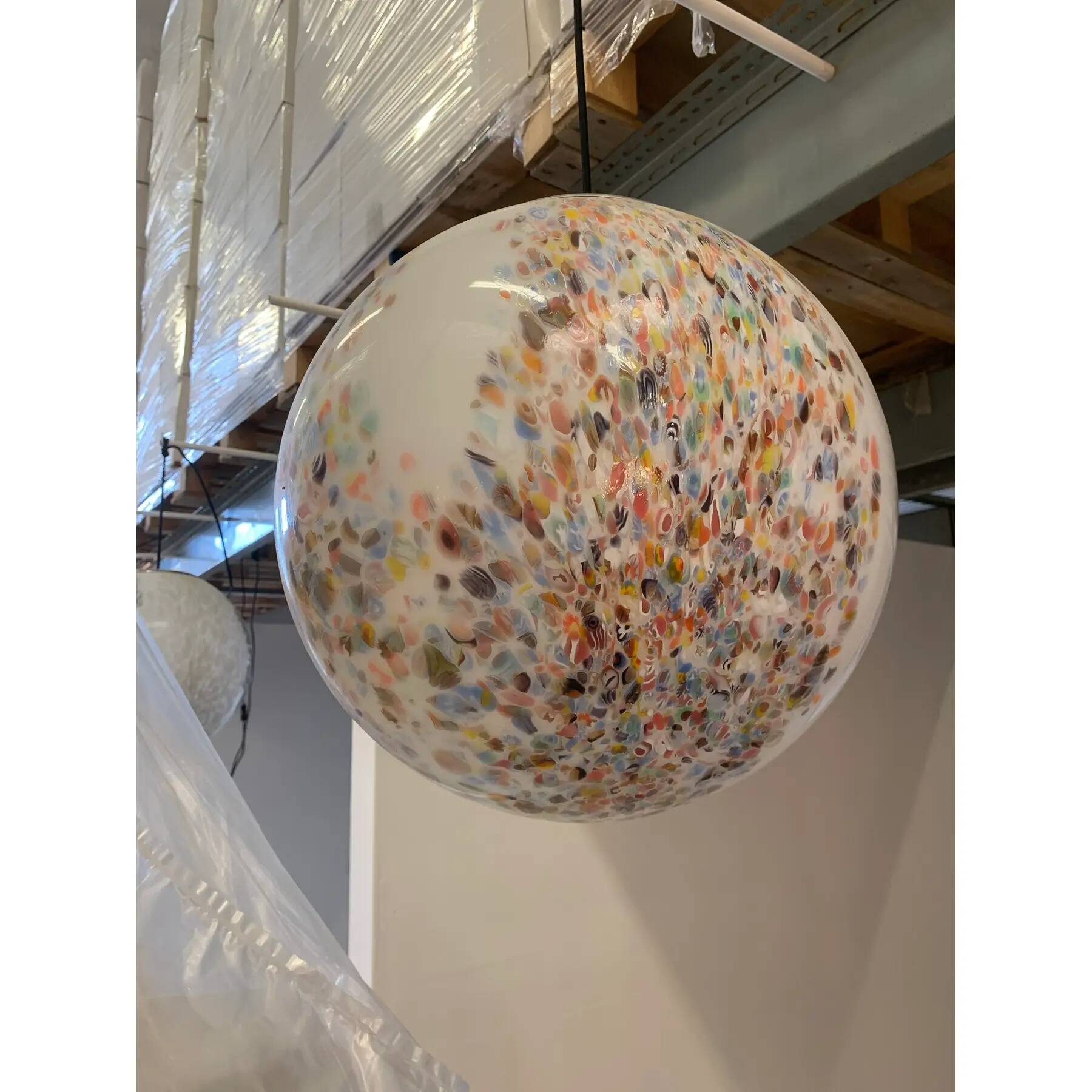 Contemporary Murano-Style Milky-White Glass Sphere with Multicoloured Murrine