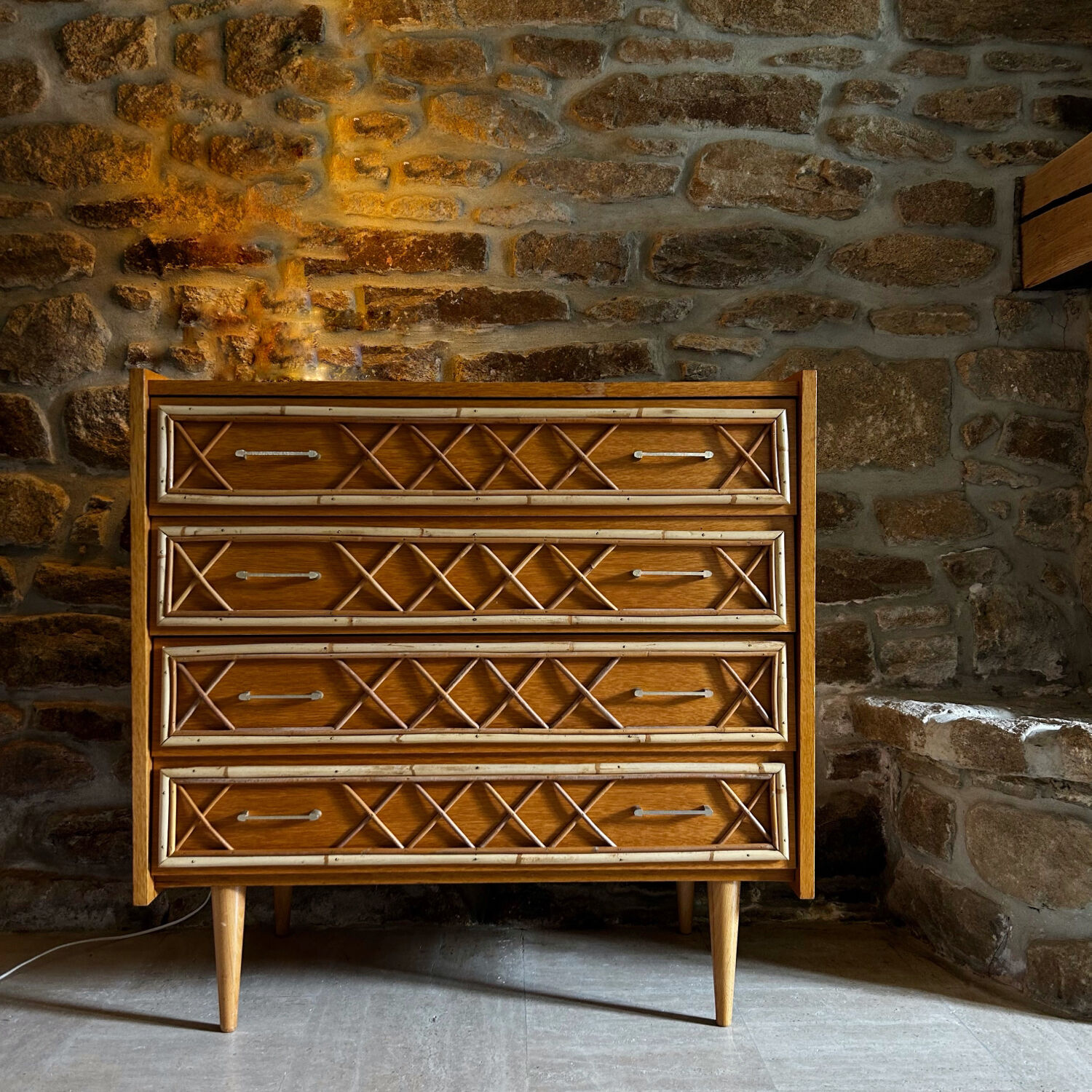 Oak and rattan chest of drawers 1960