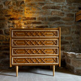 Commode chêne et rotin 1960