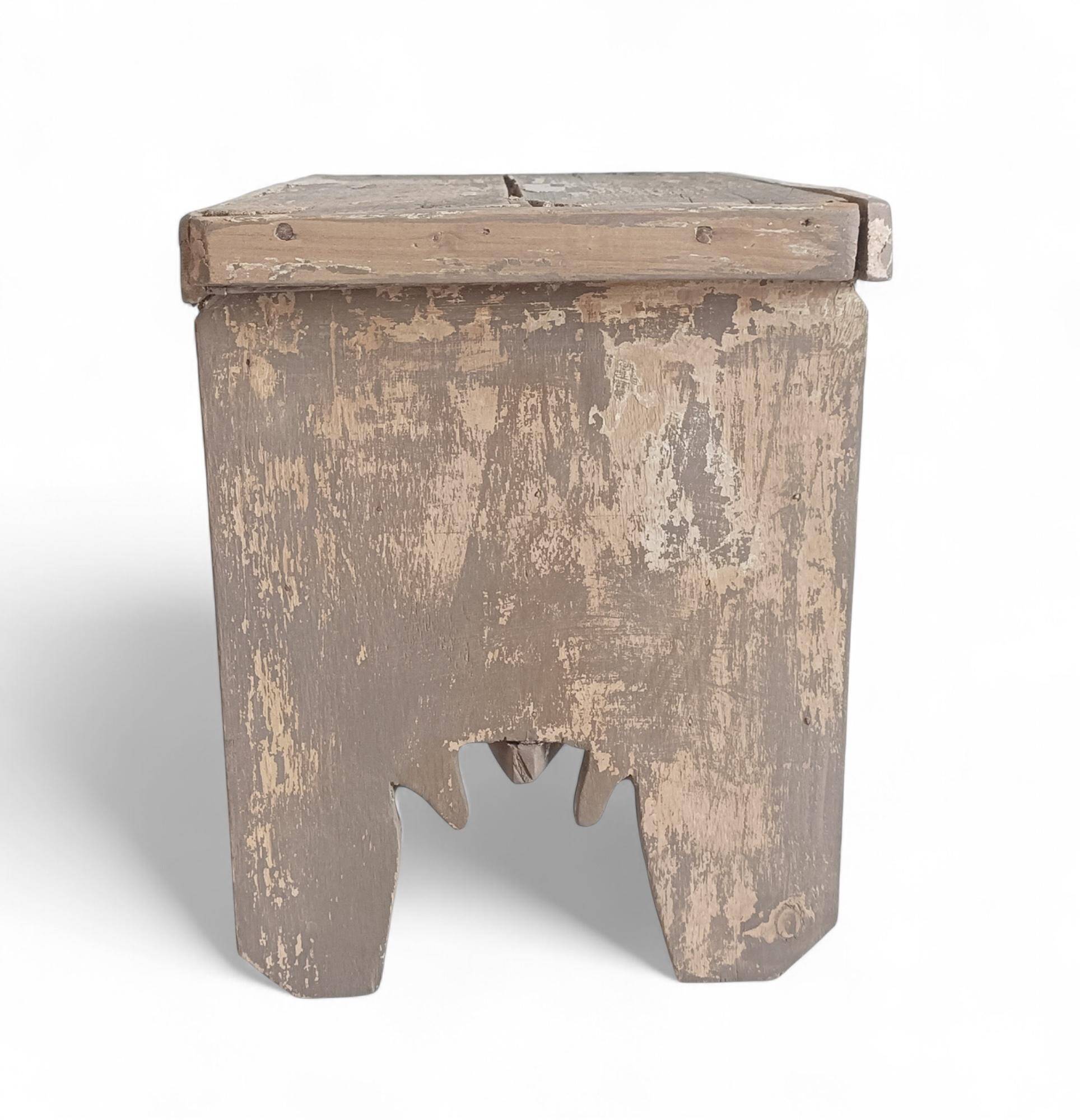 Rustic Weathered Wood Farm Stool/ Accent Table, Spain,  Early 20th-C