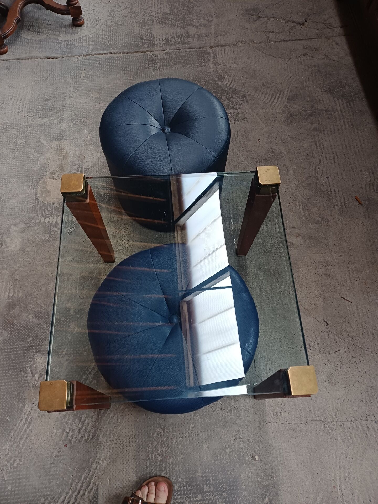 Modernist Design Side Table + 2 Blue Leather Poufs