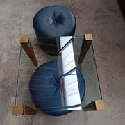 Modernist Design Side Table + 2 Blue Leather Poufs