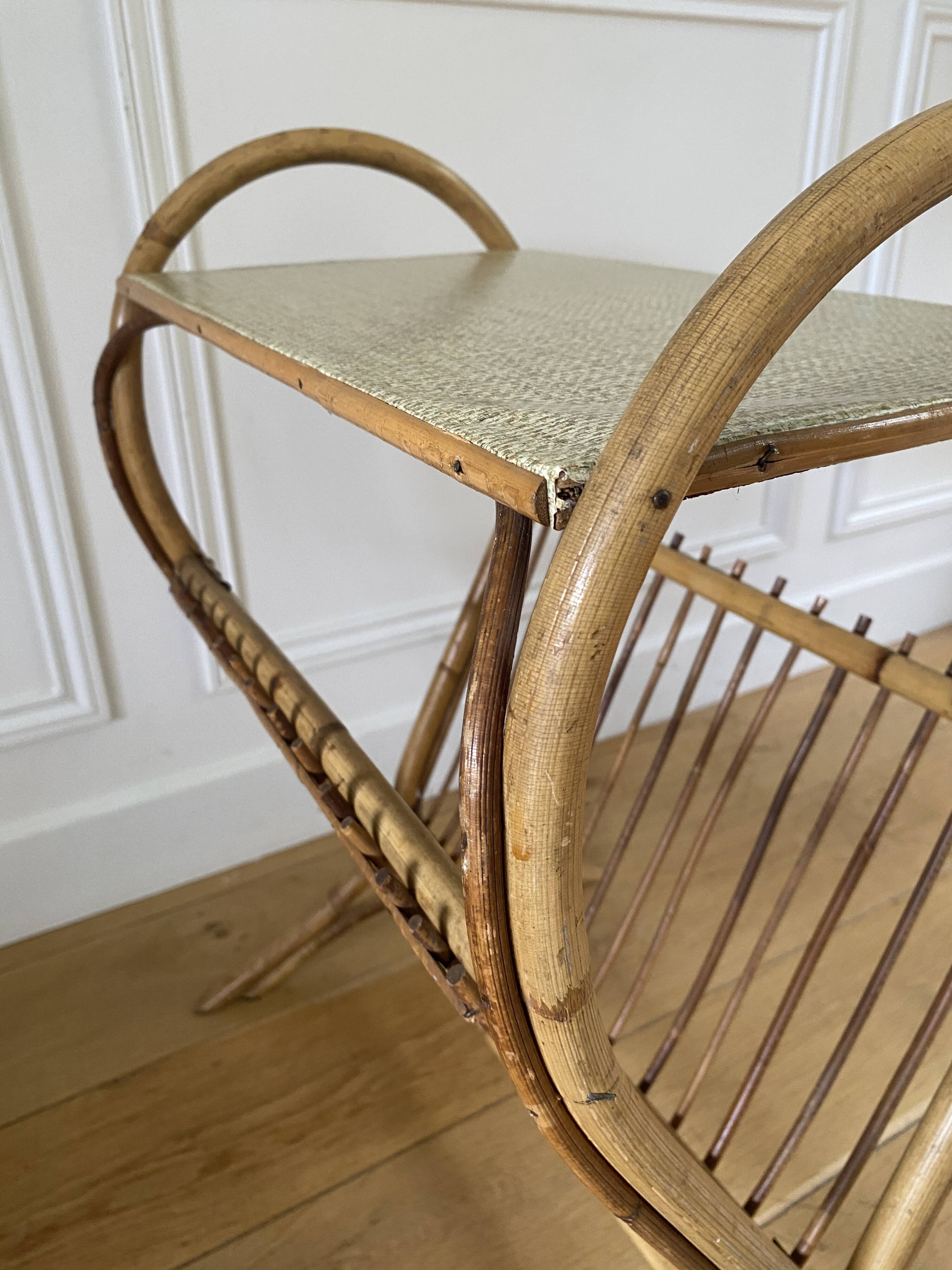 Vintage rattan magazine rack with side table - Height 58cm / Length
