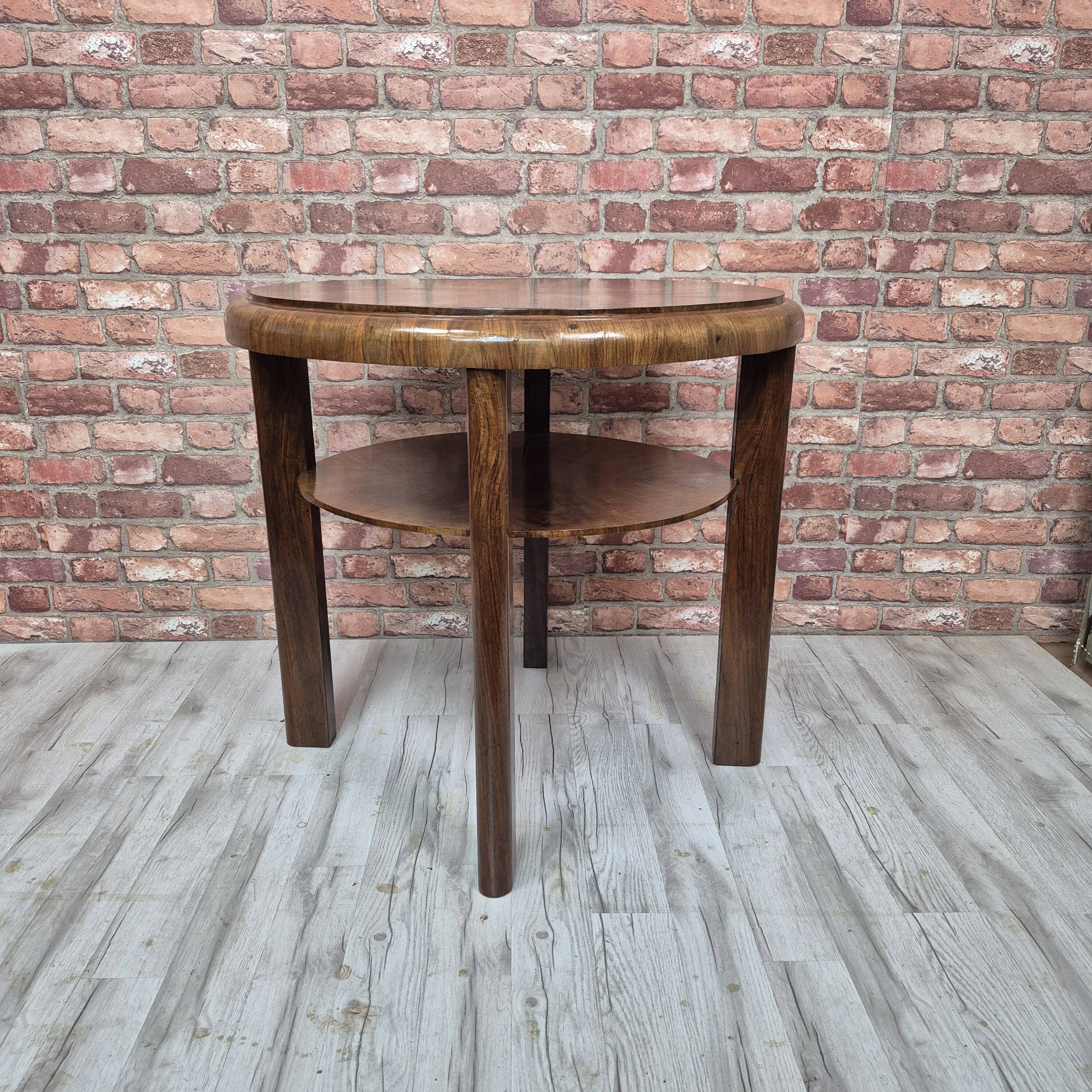 Restored Art Deco Walnut Burl Two-Tier Sunburst Table 1930s