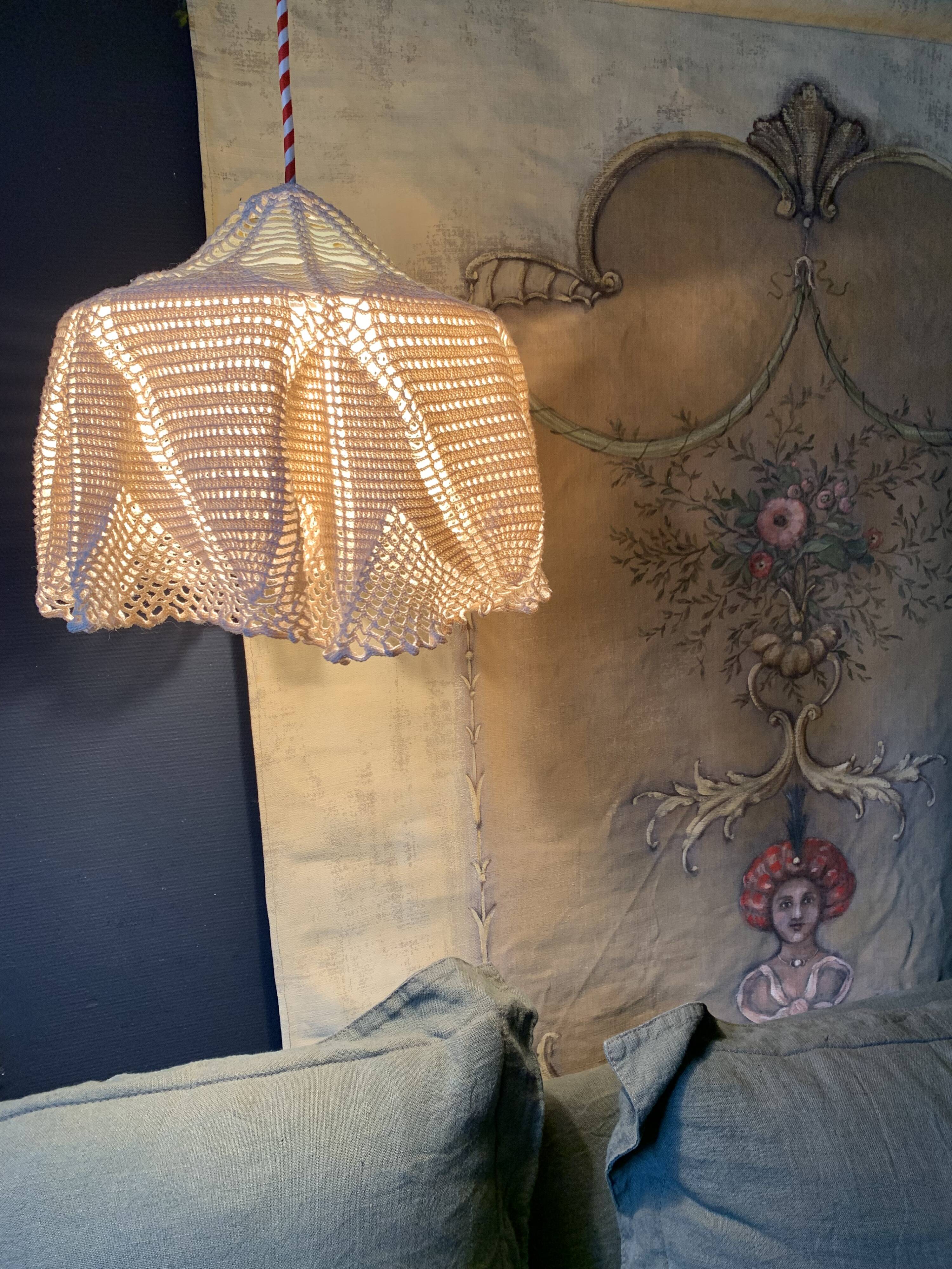 White opaline pendant light and handmade antique crochet lampshade
