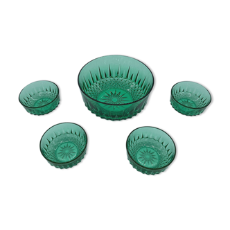 Salad bowl and 4 emerald green cups Arcoroc