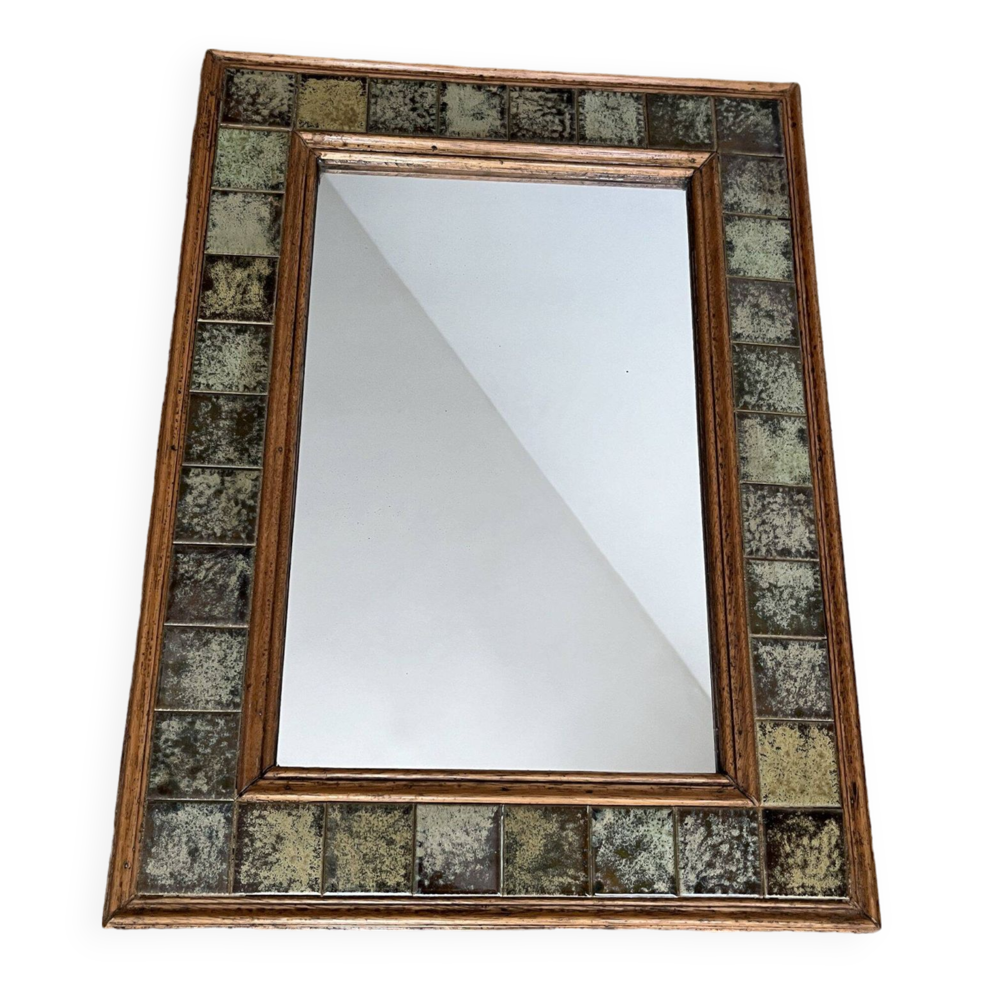 Vintage wall mirror in wood and ceramic tiles
